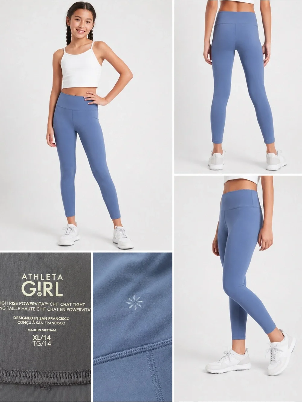 Athleta Girl High Rise Powervita Chit Chat Leggings Blue XL/14 Youth Athletic